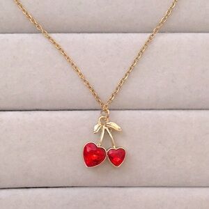 Red Crystal Heart Cherry🍒 + Gold Drop Pendant Necklace